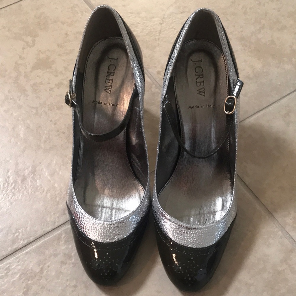 J crew Oxford/ MaryJane patent silver/grey pump8.5